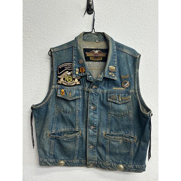 Vintage Harley Davidson Denim Vest Mens Biker Embroidered With Pins Size L